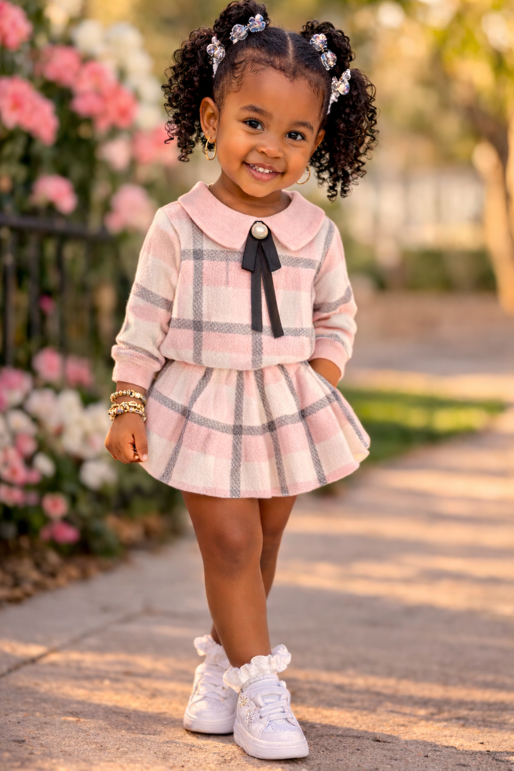 🎀 Ngwana Mama Winter Princess Plaid Set | Knitted Bow Sweater & Flare Skirt Outfit (2-Piece)