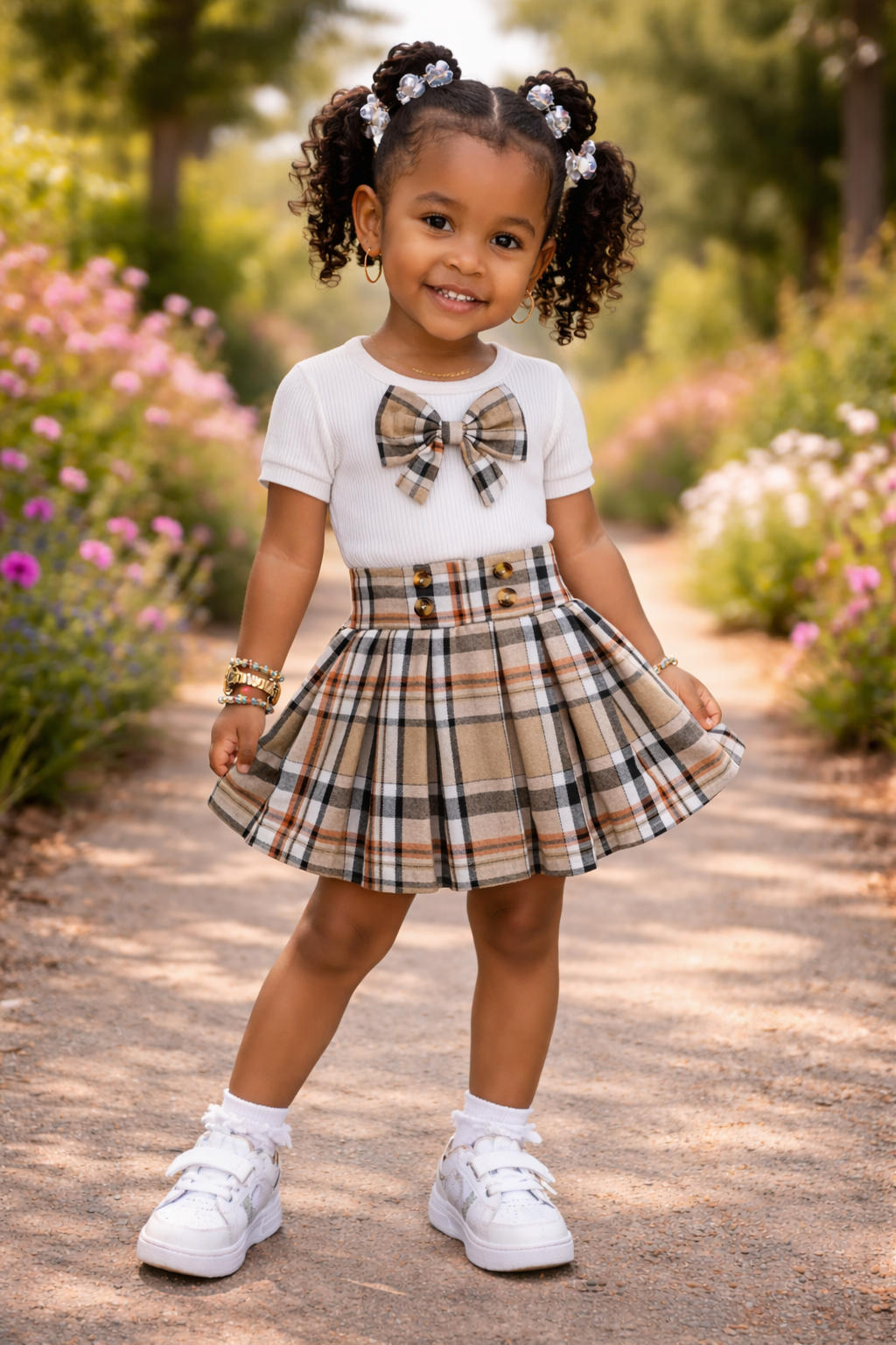 🌸 Ngwana Mama Girls Plaid Skirt Set | Bow Detail Ribbed Top & Pleated Mini Skirt (2-Piece Outfit)