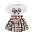 🌸 Ngwana Mama Girls Plaid Skirt Set | Bow Detail Ribbed Top & Pleated Mini Skirt (2-Piece Outfit)