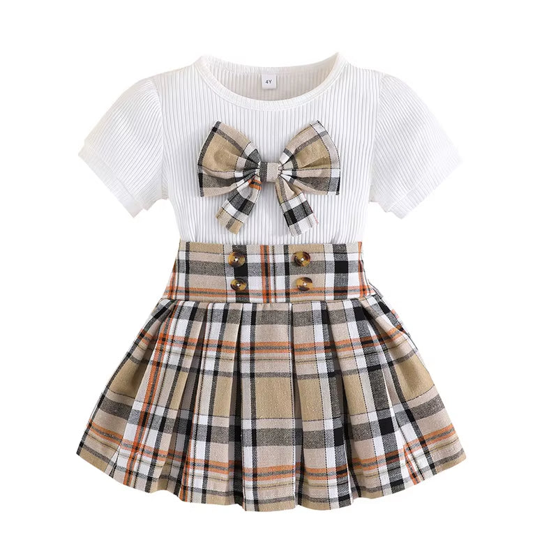 🌸 Ngwana Mama Girls Plaid Skirt Set | Bow Detail Ribbed Top & Pleated Mini Skirt (2-Piece Outfit)